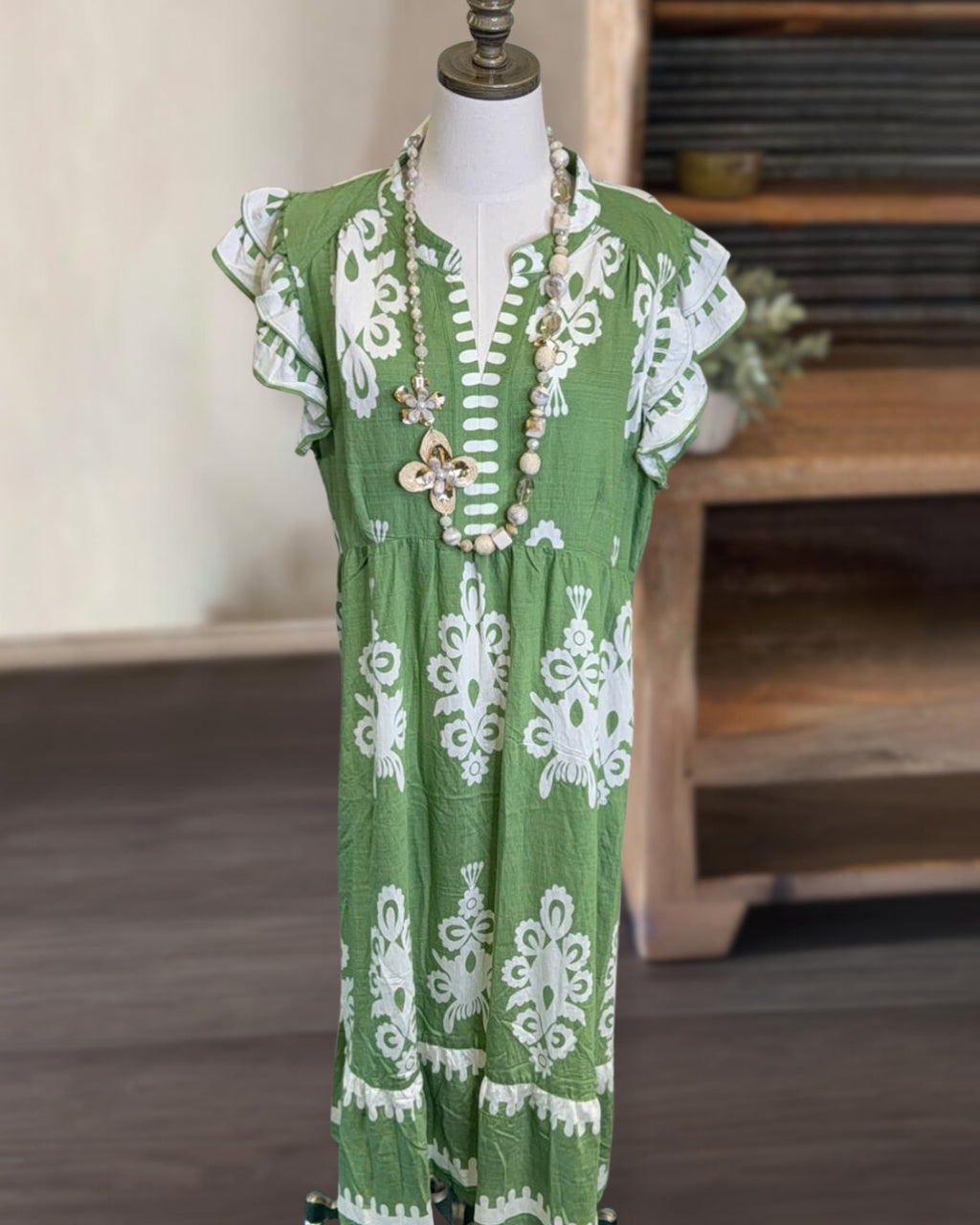 Ruffled Sleeve Pattern Maxi Dress