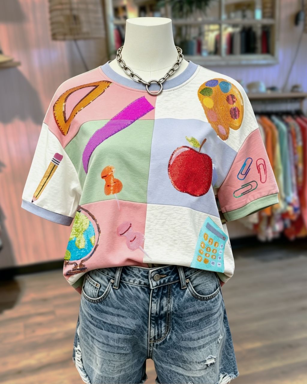 School Supplies Sequin Color Block T-Shirt