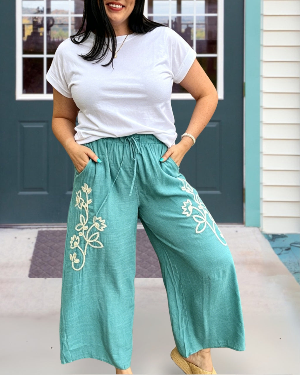 Floral-embroidered Linen Wide-leg Pants
