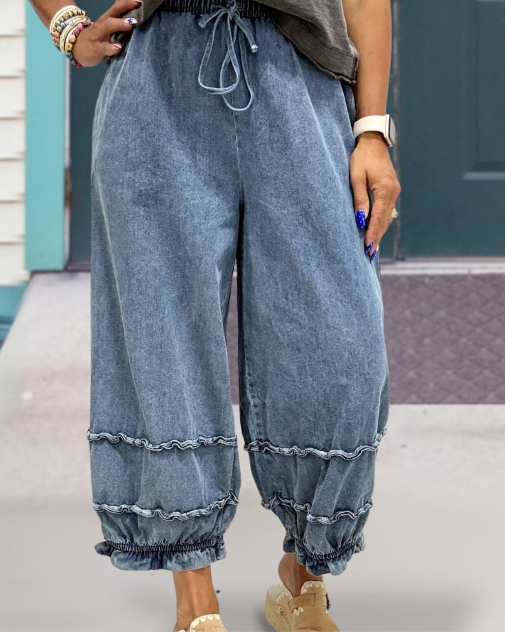 Casual Washed Denim Lantern Pants