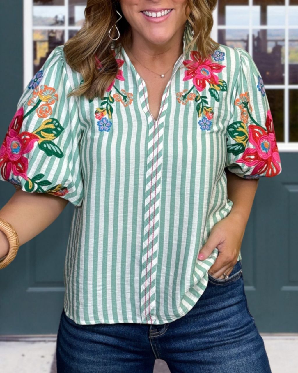 Blooming Floral Embroidered Striped Top