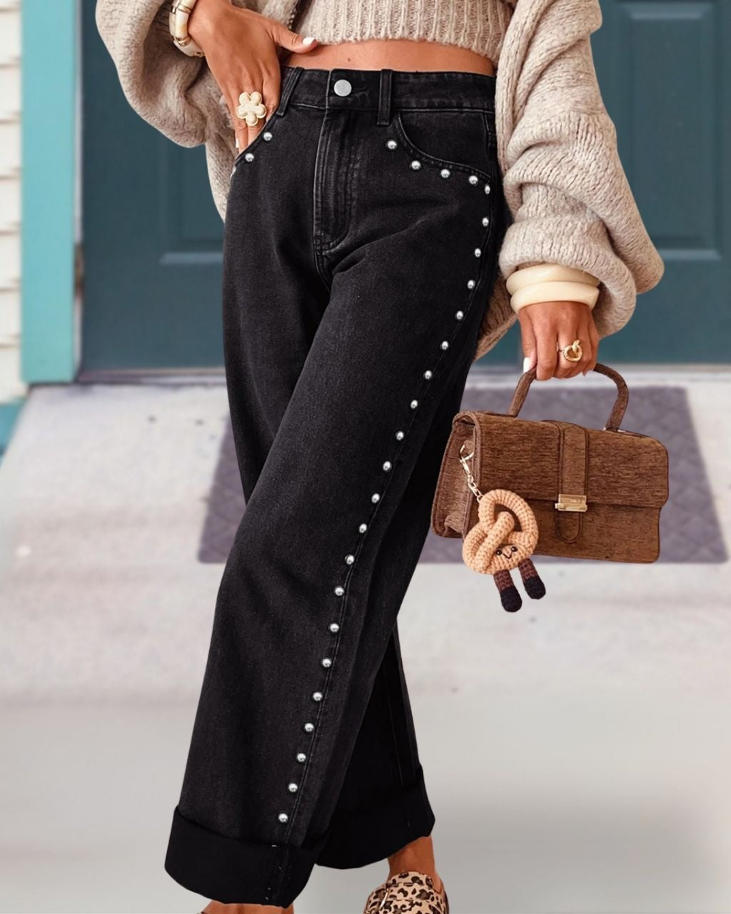 Stud-embellished Casual Denim Pants