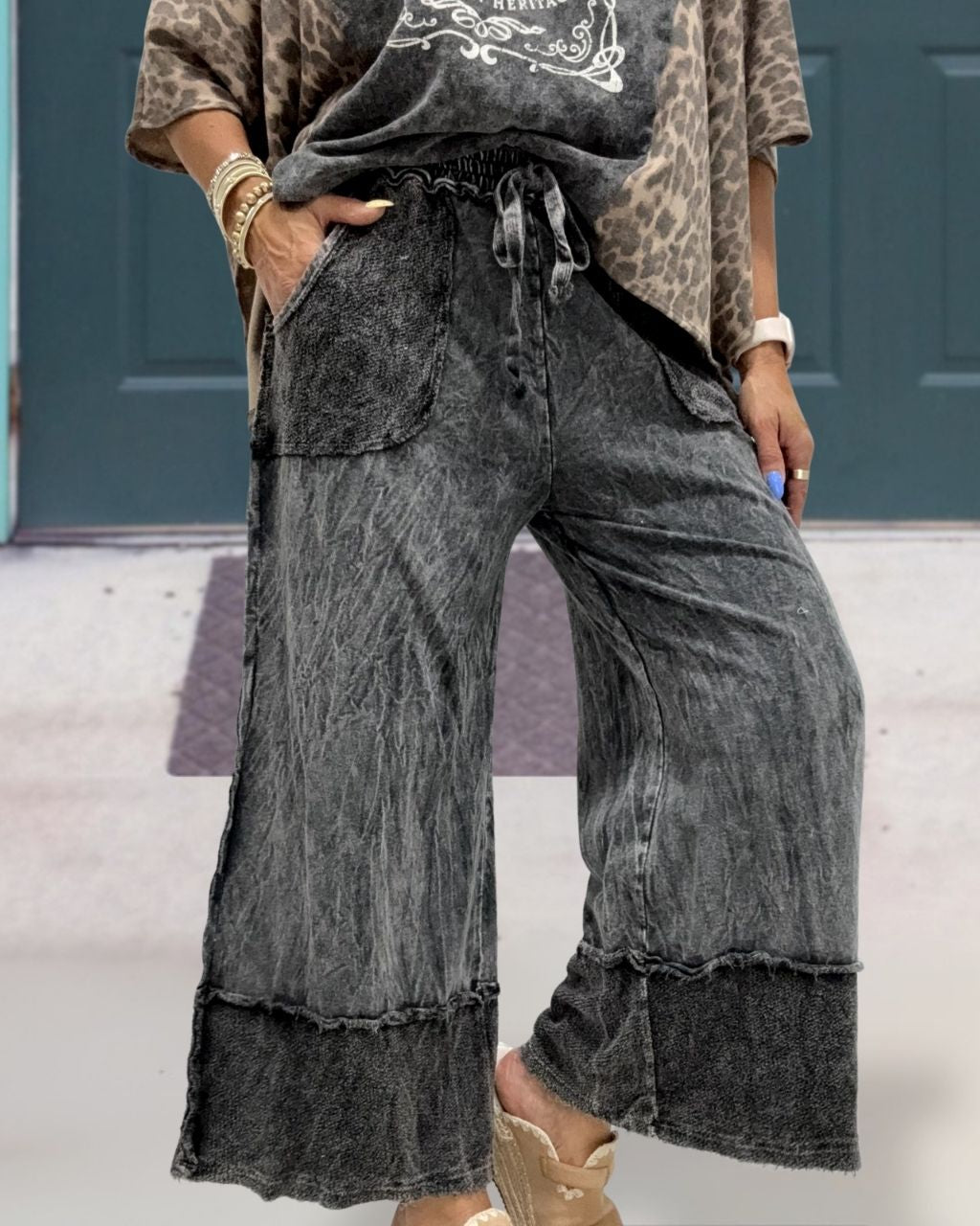 Stylish Washed Patchwork Wide-leg Pants