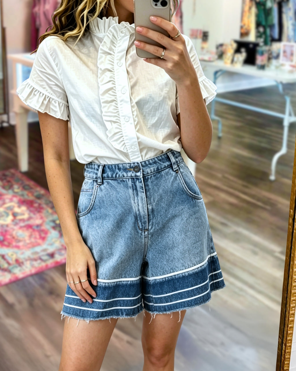 Contrast Striped Patchwork Denim Shorts