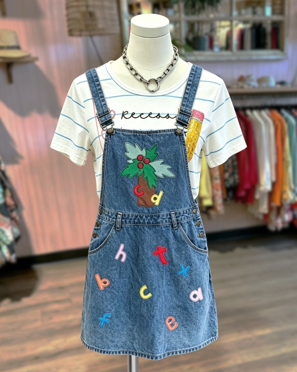 Letter Embroidery Denim Overalls