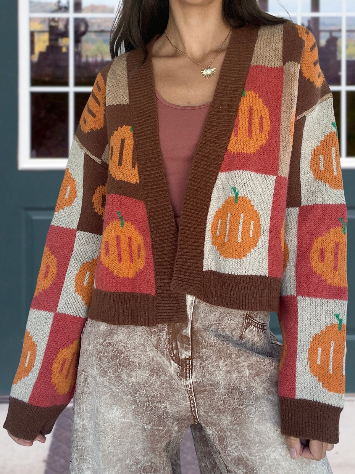 Checkerboard Pumpkin-Pattern Cardigan