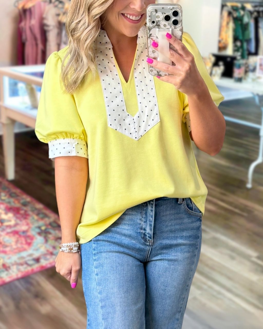 Polka Dot Trim Contrasting Neckline Top