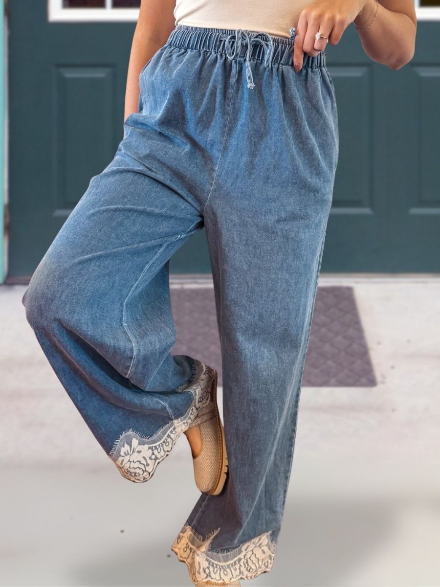 Casual Milk Lace Trim Pants