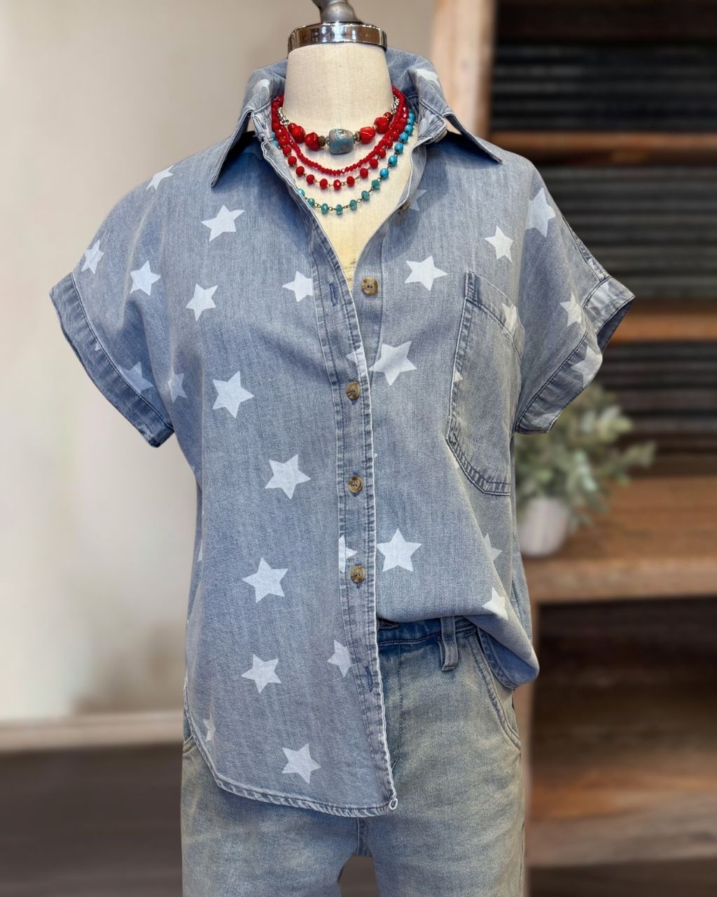 Star-Print Denim Shirt