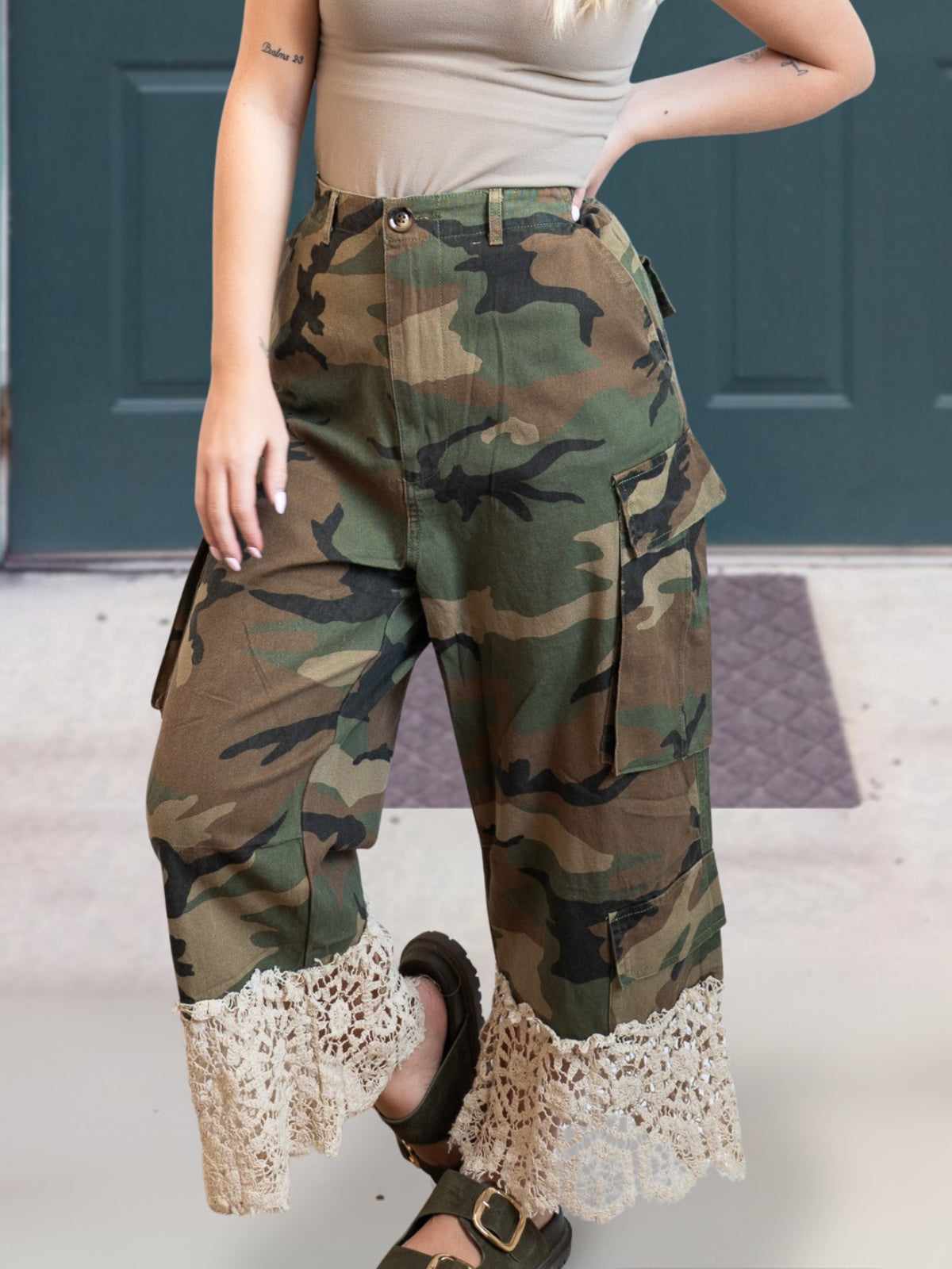 Camouflage Lace Hem Cargo Pants
