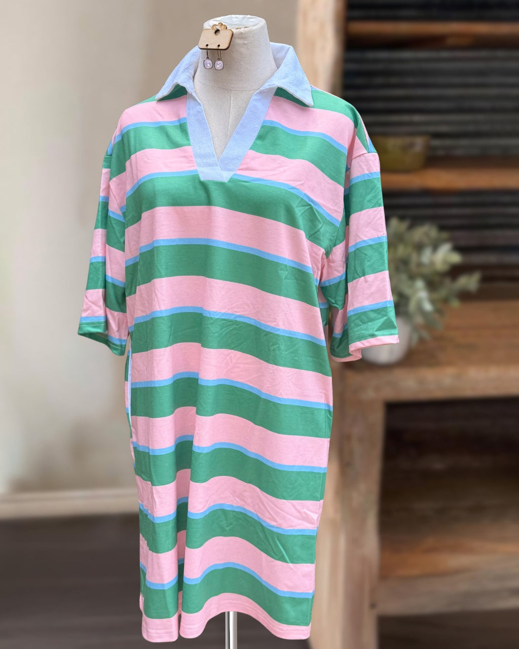 Color-block Striped Collared Dress