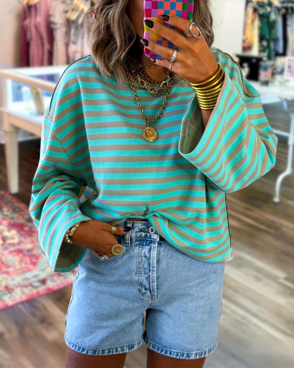 Color-blocked Striped Crew Neck Top
