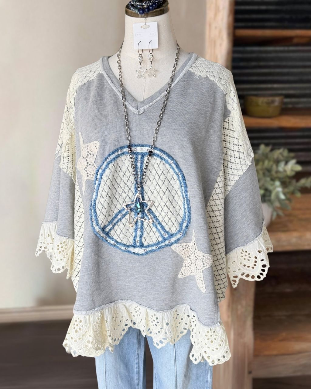 Peace Sign Embroidery Lace Patchwork Top