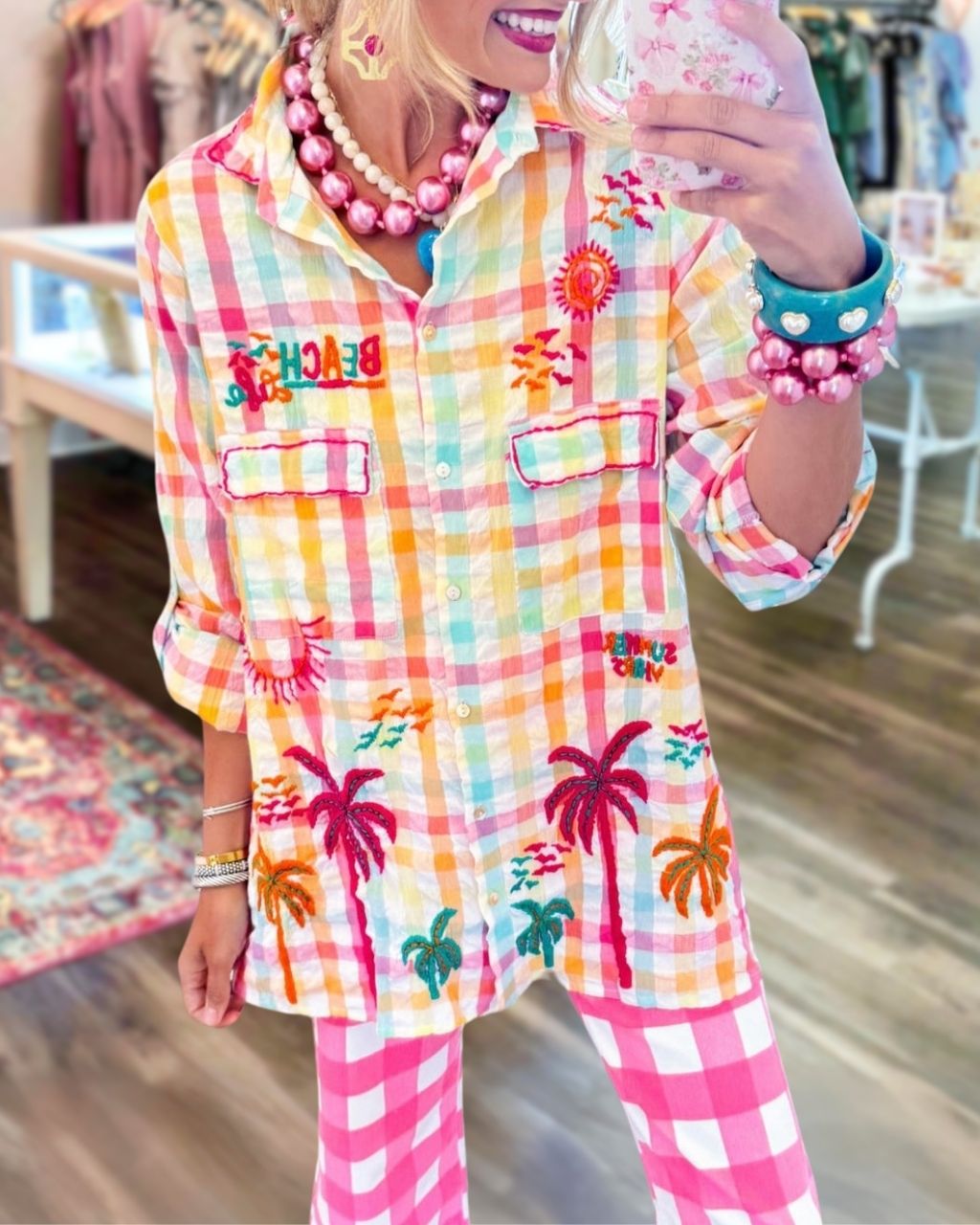 Colorful Plaid Palm Tree Embroidered Shirt