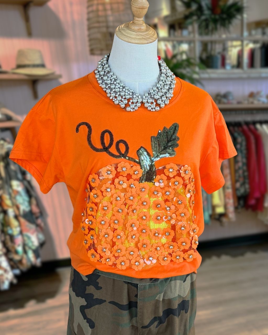 Halloween Floral Sequin Pumpkin T-shirt