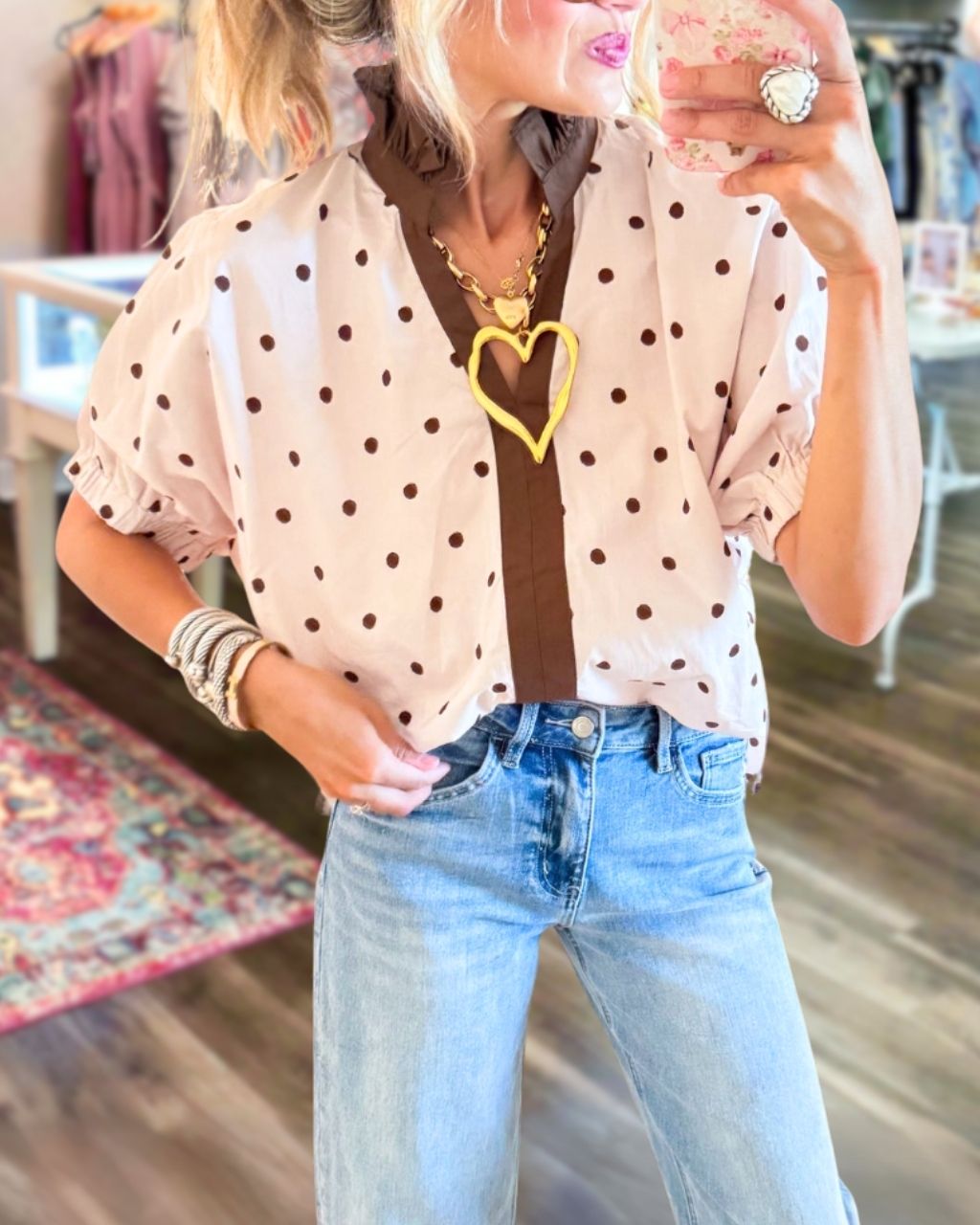 Polka Dot Ruffled Neckline Satin Top