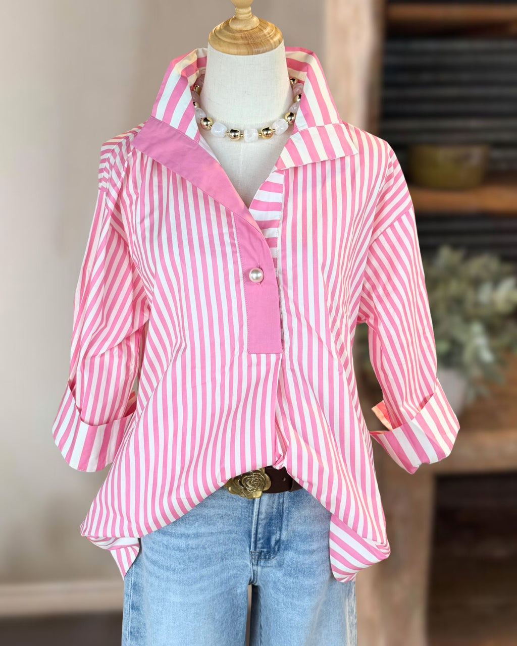Simple Striped Half-open Collar Top