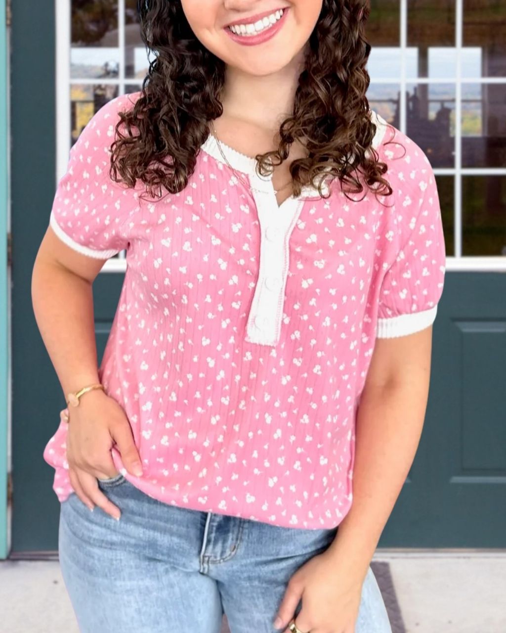 Floral Pleated Henley Collar Top
