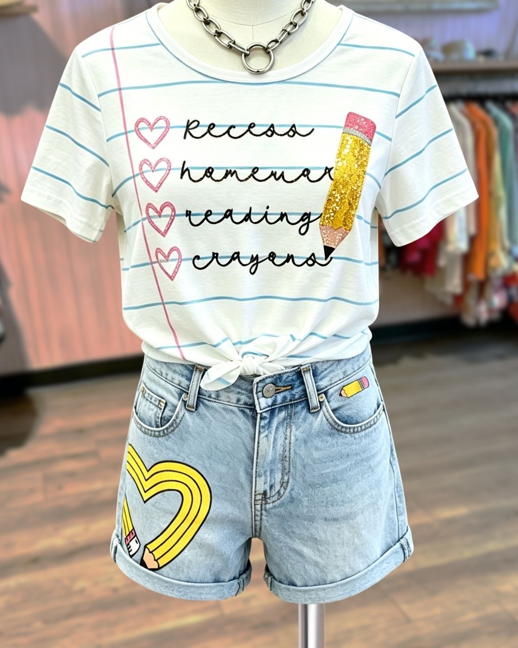 Pencil Heart Print Denim Shorts