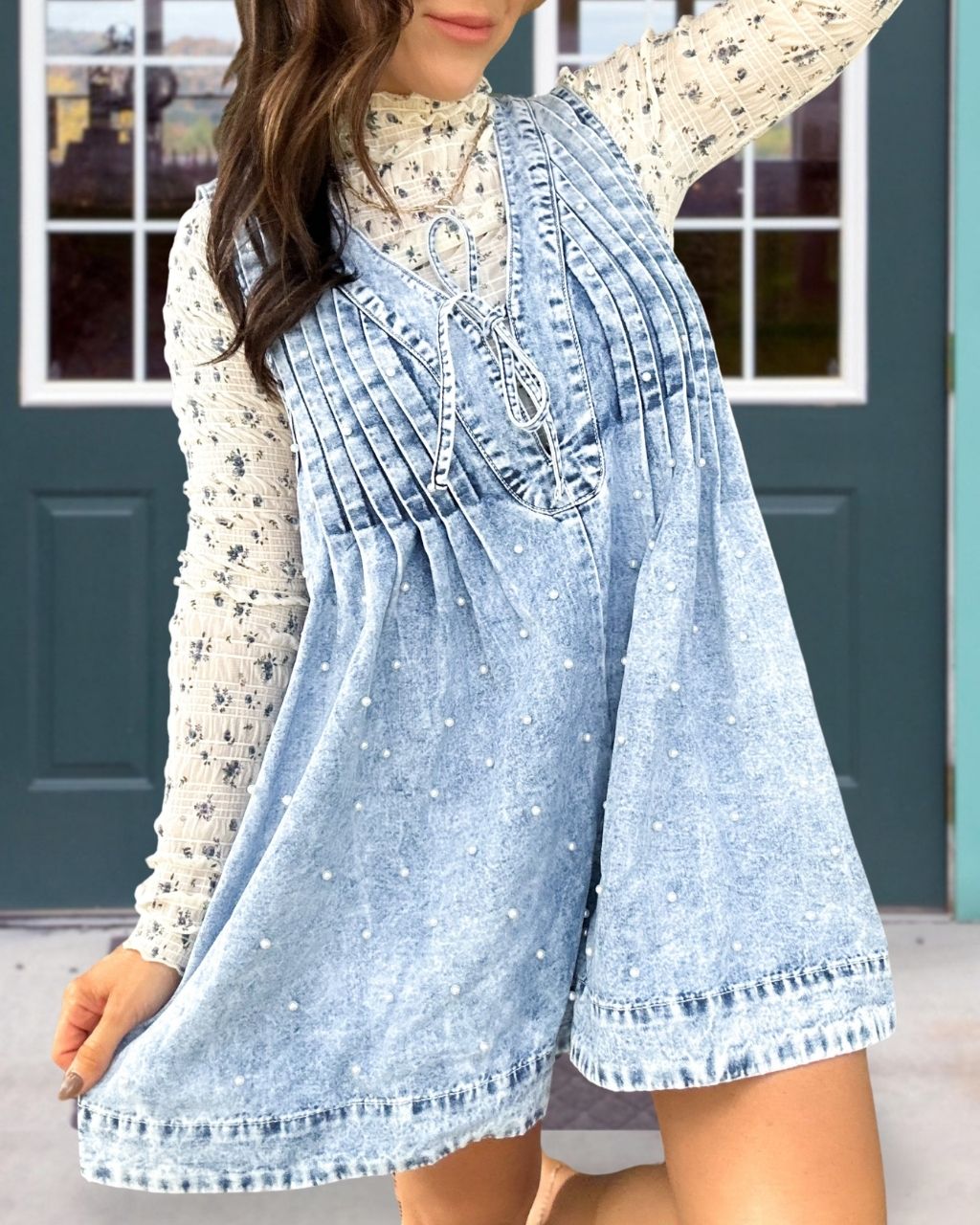 Pearl-studded Washed Denim Jumpsuit