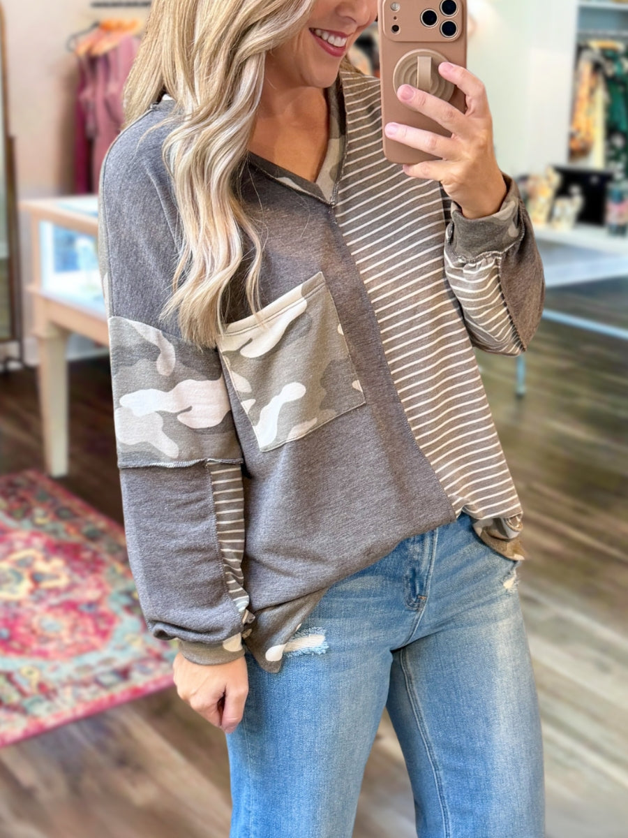 Camouflage Striped Long-Sleeved Top