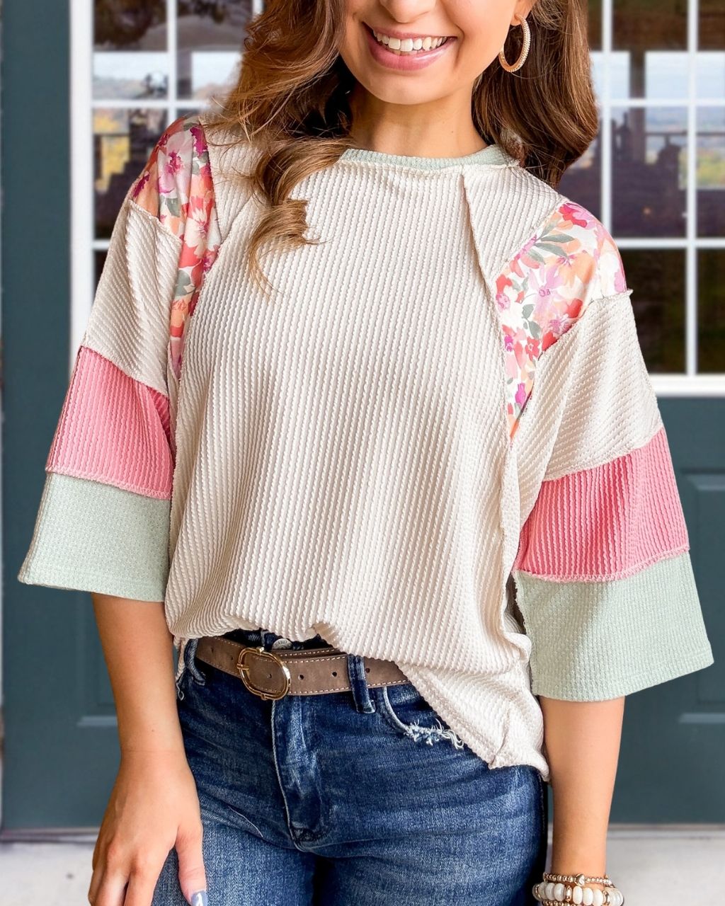 Floral Ribbed Patchwork Top