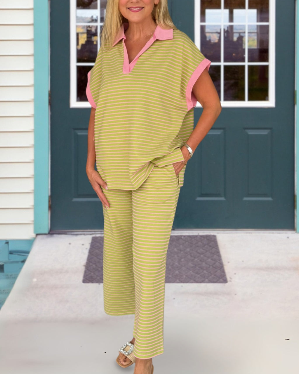 Contrast Trim Striped Set