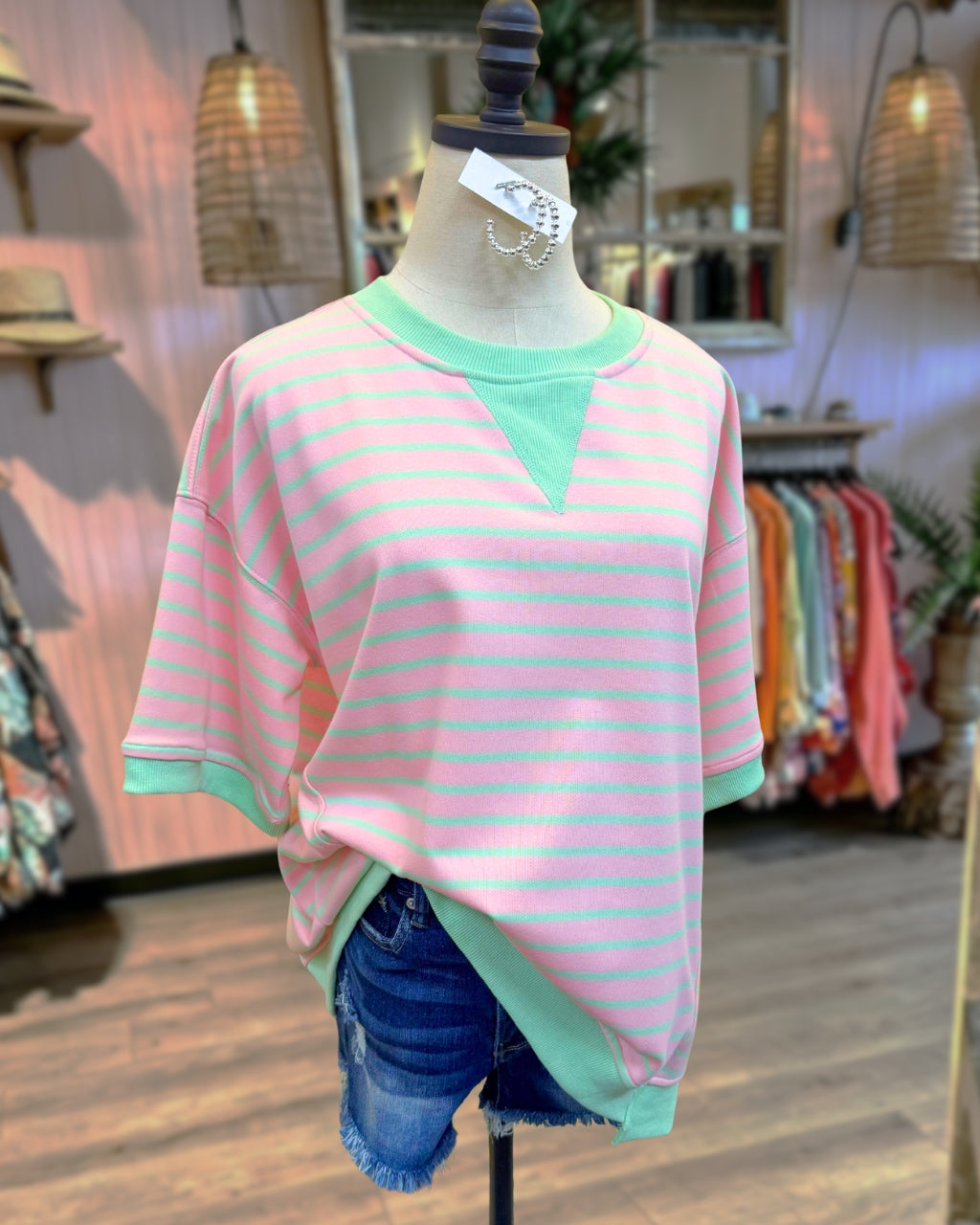 Ribbed Trim Striped Top