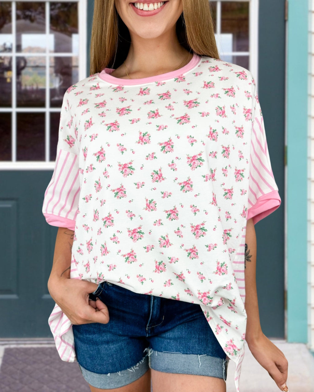 Fresh Floral Striped Patchwork Top