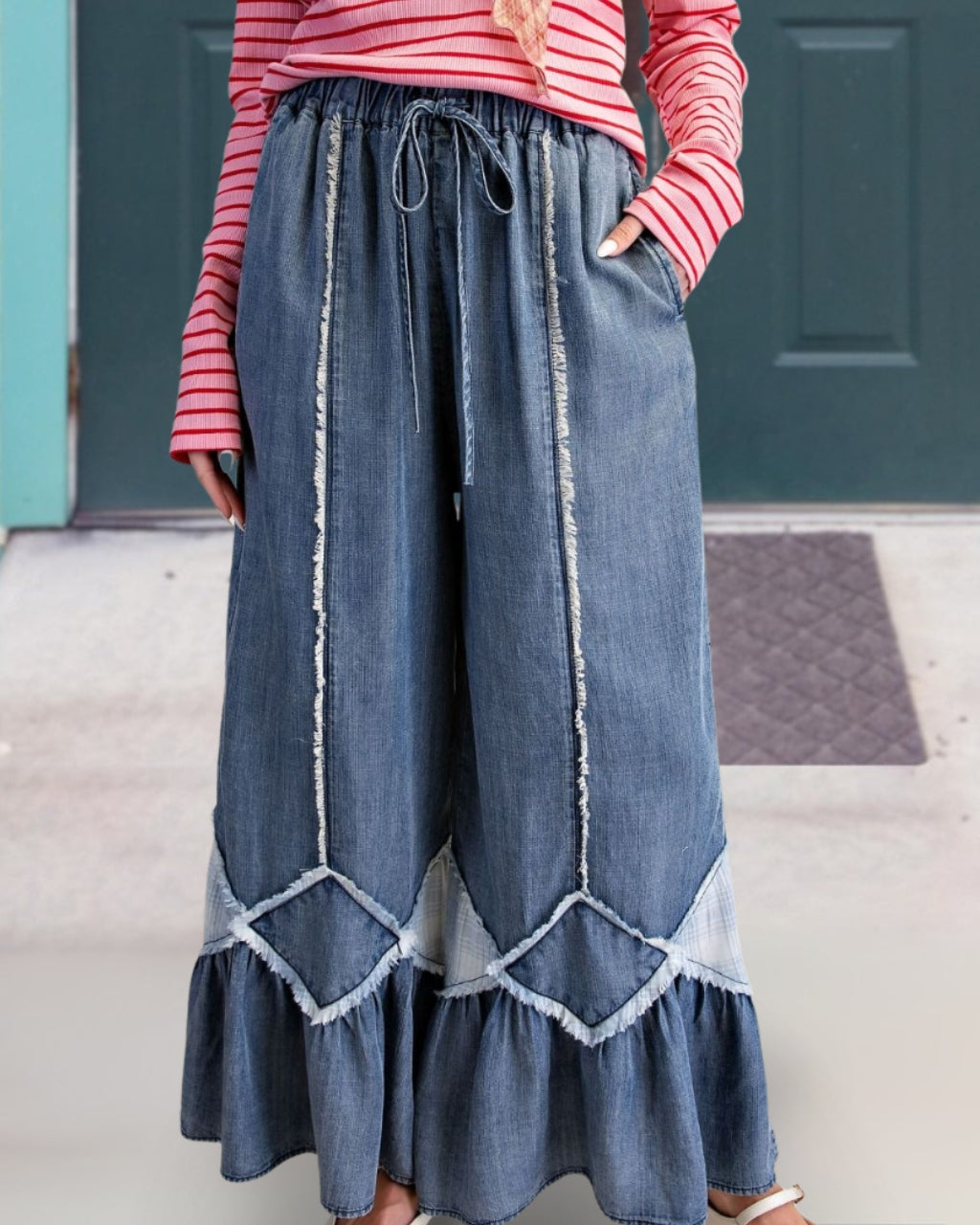 Raw-edge Patchwork Wide-leg Denim Pants