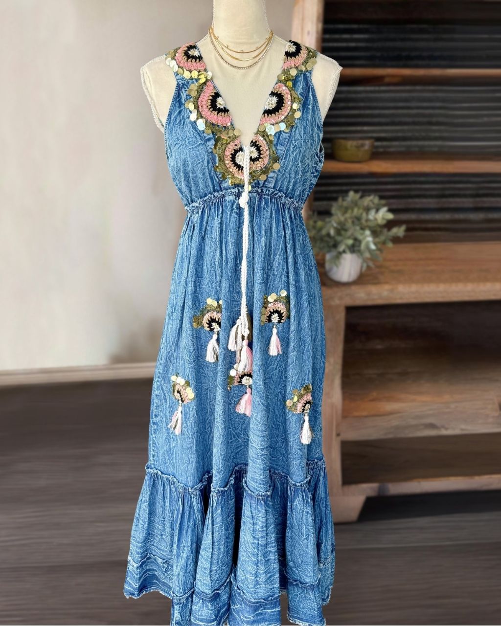 Bohemian Denim Embroidered Dress