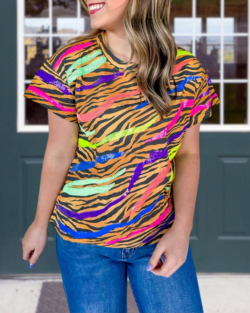 Colorful Tiger Stripe Sequin Satin T-Shirt