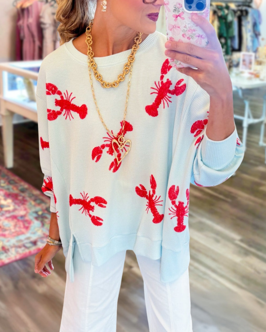 Ocean Glam Lobster Sequin Waffle Top