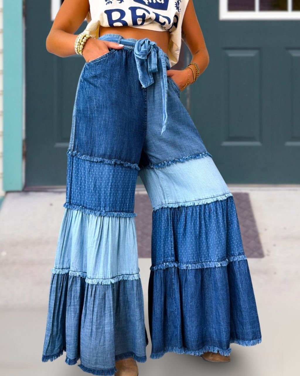 Paneled Tiered Flared Jeans