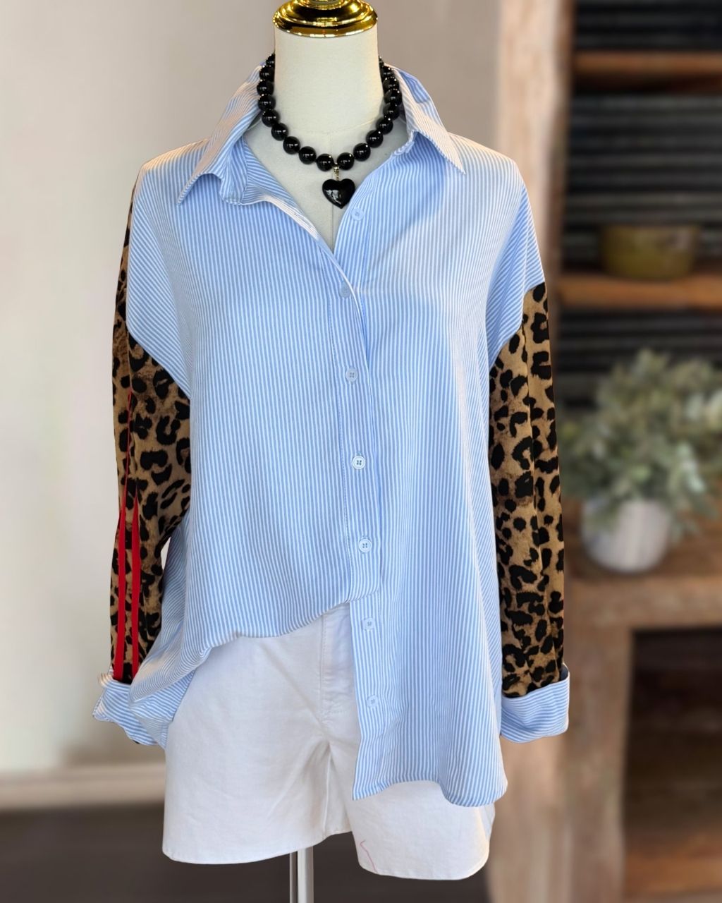 Leopard Sleeves Patchwork Striped Shirt
