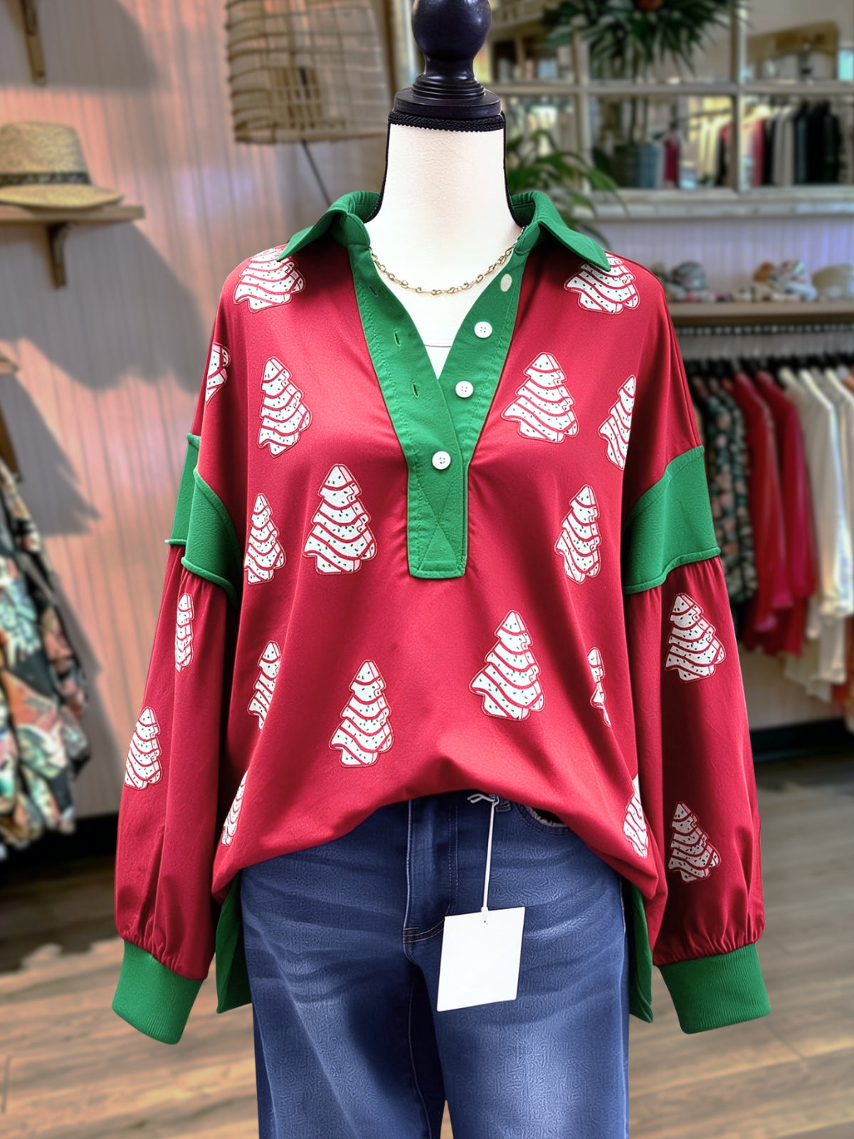 Cute 3D Christmas Tree Color Block Top