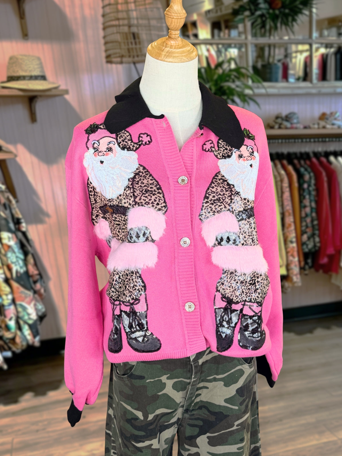 Santa Claus Leopard-Print Sequin Cardigan
