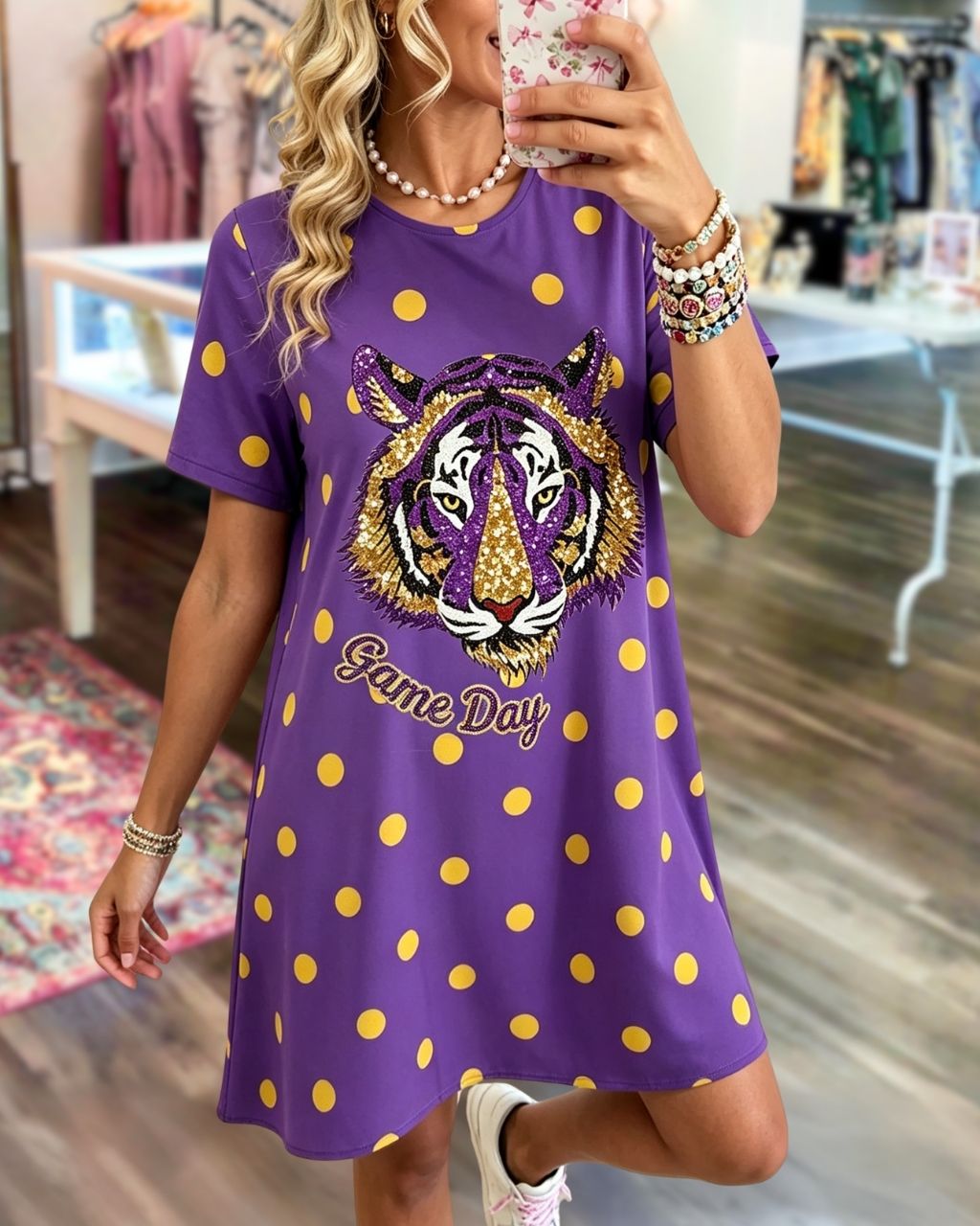 Game Day Tiger Sequin Polka-Dot Dress