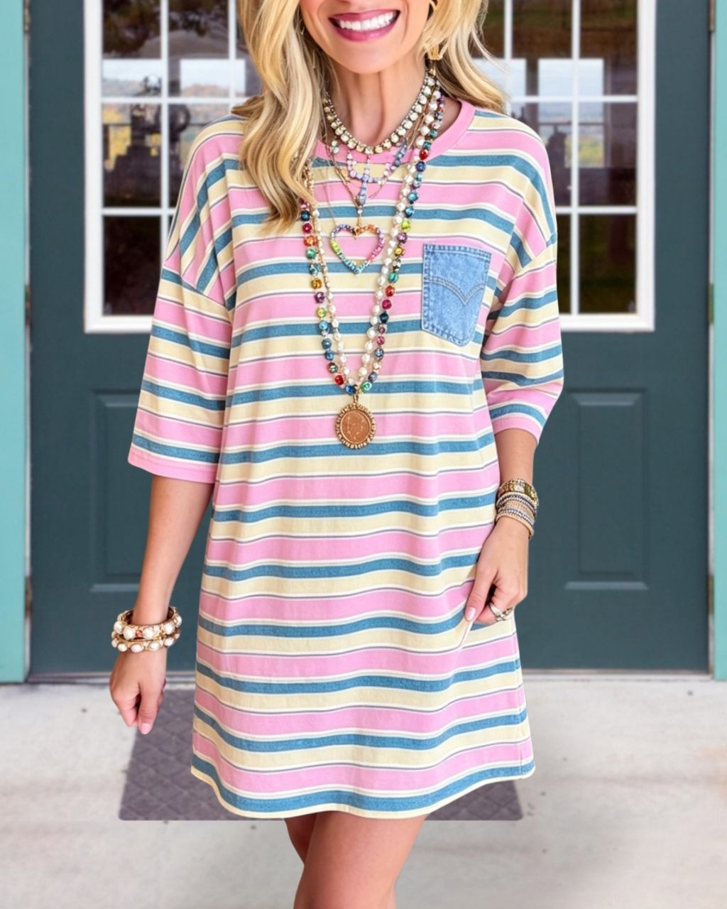 Striped Denim Patch-Pocket Dress