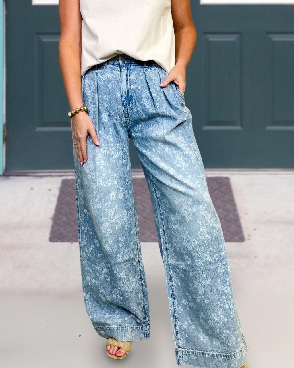 Floral-Patterned Denim Pants