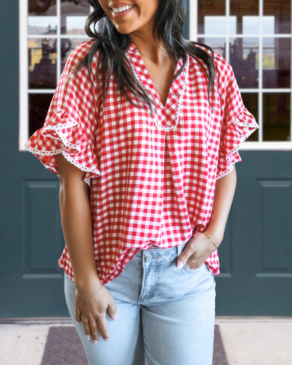 Lace-Trimmed Plaid V-neck Top
