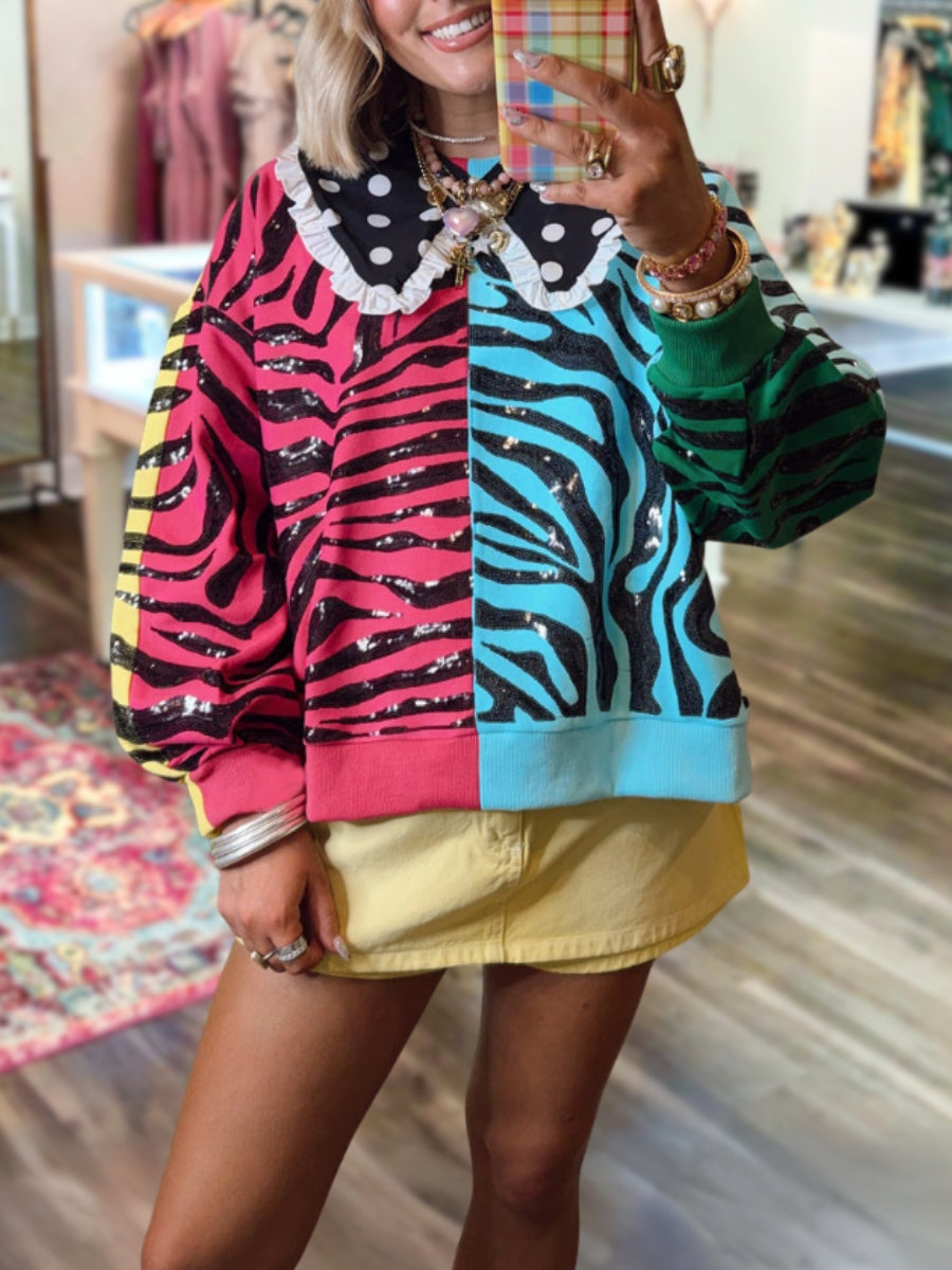 Tiger Stripe Polka Dot Colorblocked Sequined Pullover