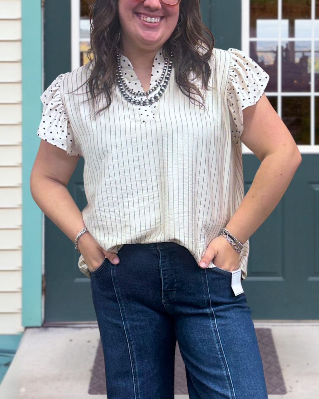 Polka Dot Striped V-neck Top