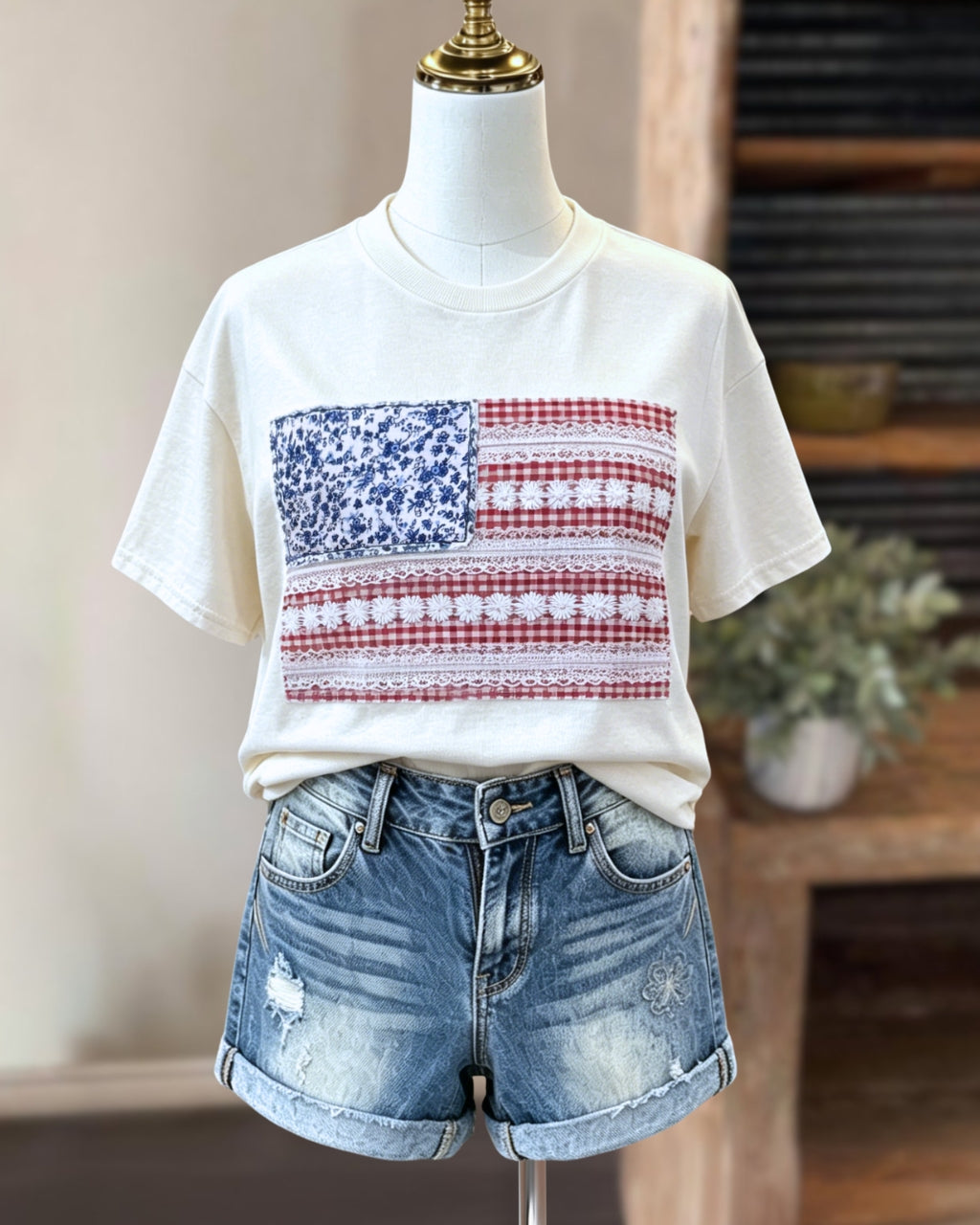Floral Lace Flag Appliqué T-Shirt (Adult)