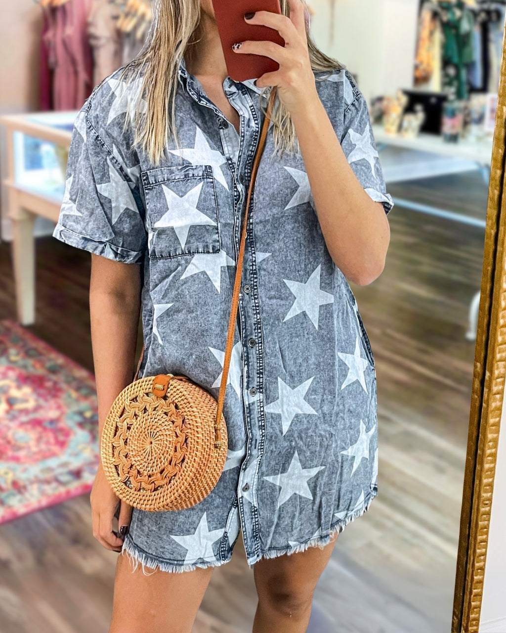 Star-Patterned Denim Shirt Dress