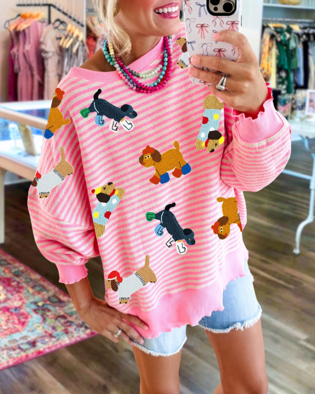 Sequin Puppy Striped Sweatshirt