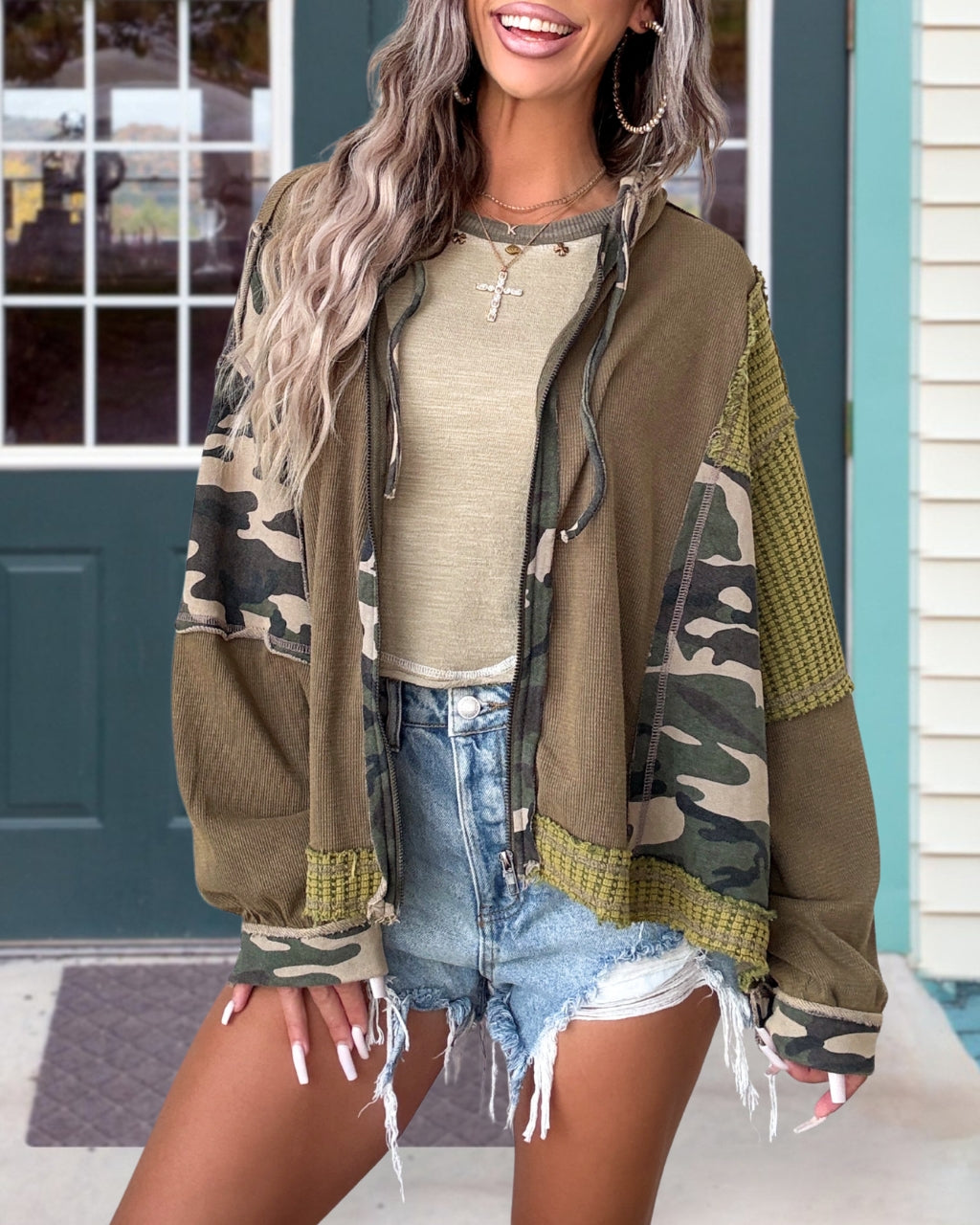 Chic Waffle Camo Zip Hoodie