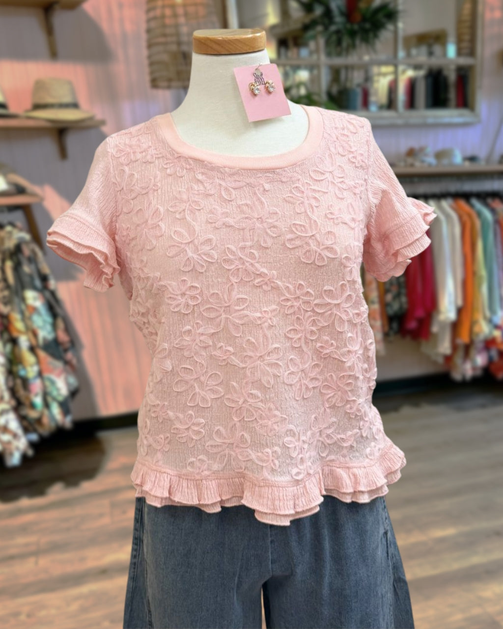 Ruffled Floral Textured Jacquard Top