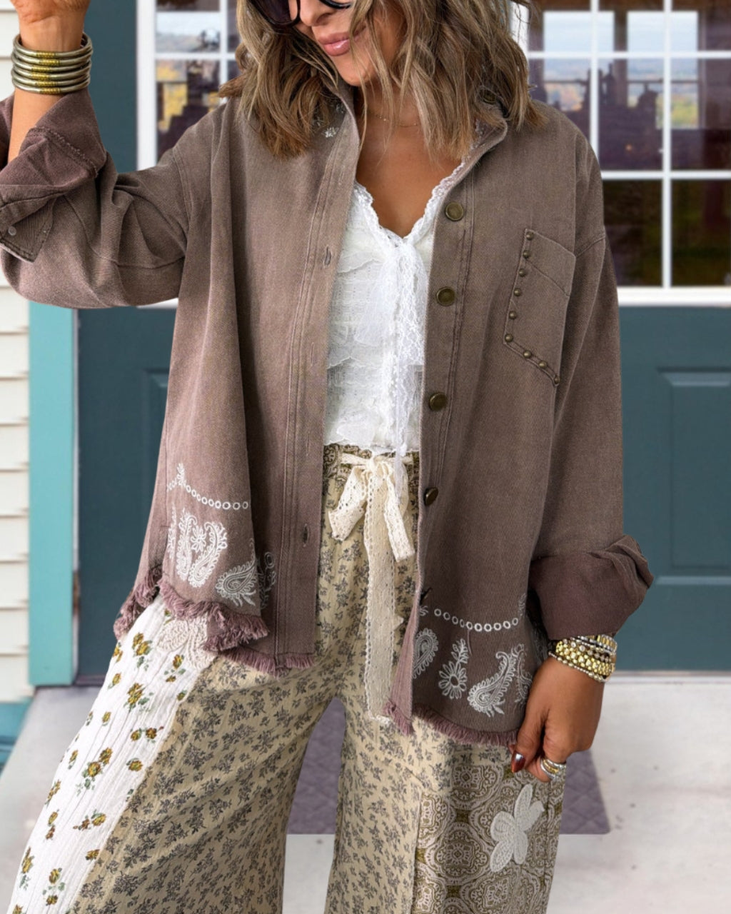 Paisley Studded Washed Raw-edge Jacket