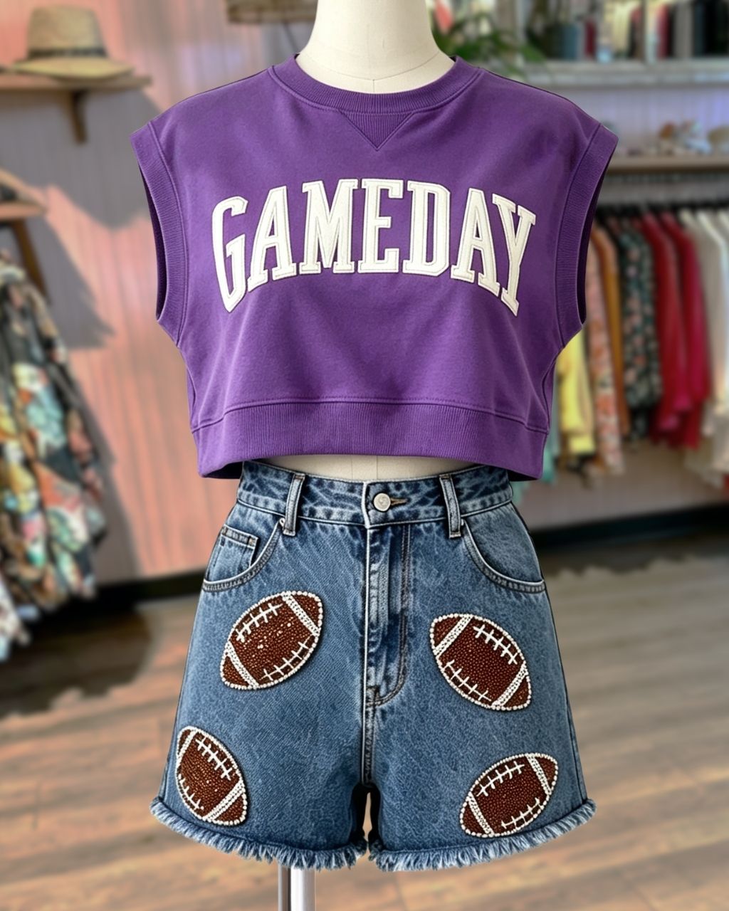 Football Sequined Denim Shorts